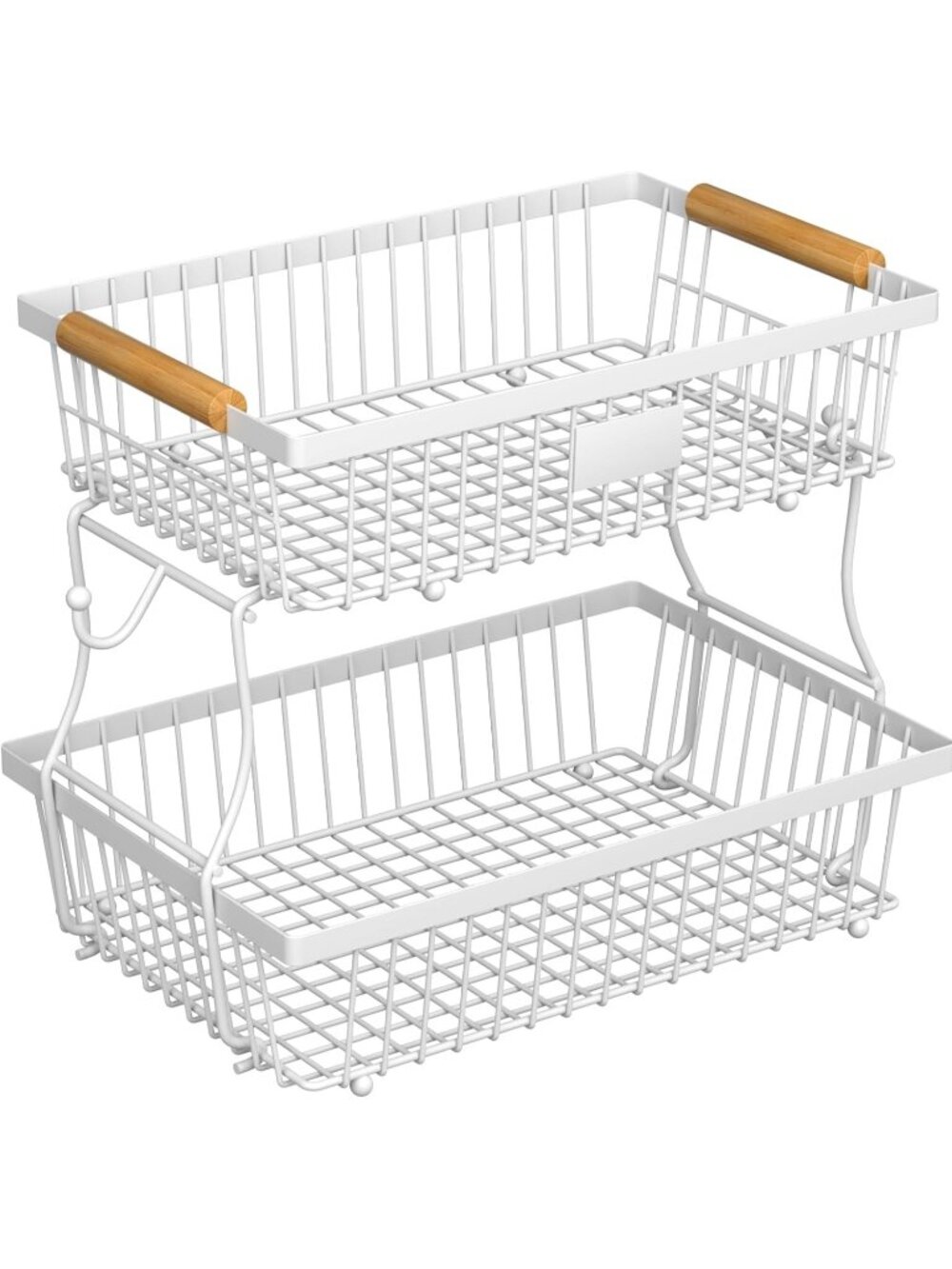 New White 2 Tier Metal Fruit Bread Basket 2 Banana Hangers Wood Handle Stand